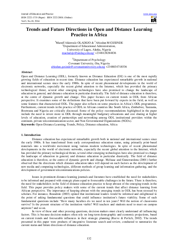 (PDF) Trends and Future Directions in Open and Distance Learning ...