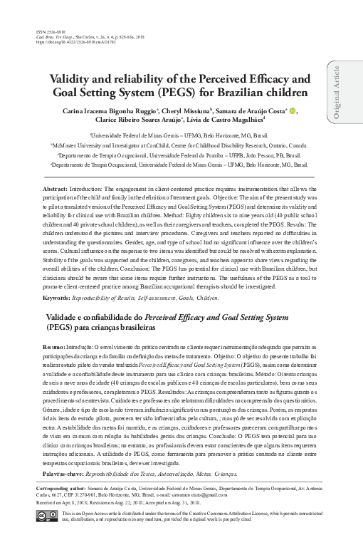 Pdf Validity And Reliability Of The Perceived Efficacy And Goal