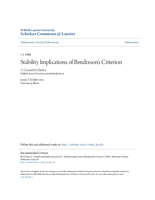 (PDF) Stability Implications of Bendixson's Criterion