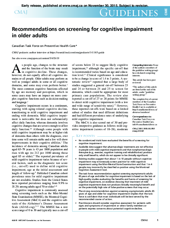 (PDF) Recommendations on screening for cognitive impairment in older adults