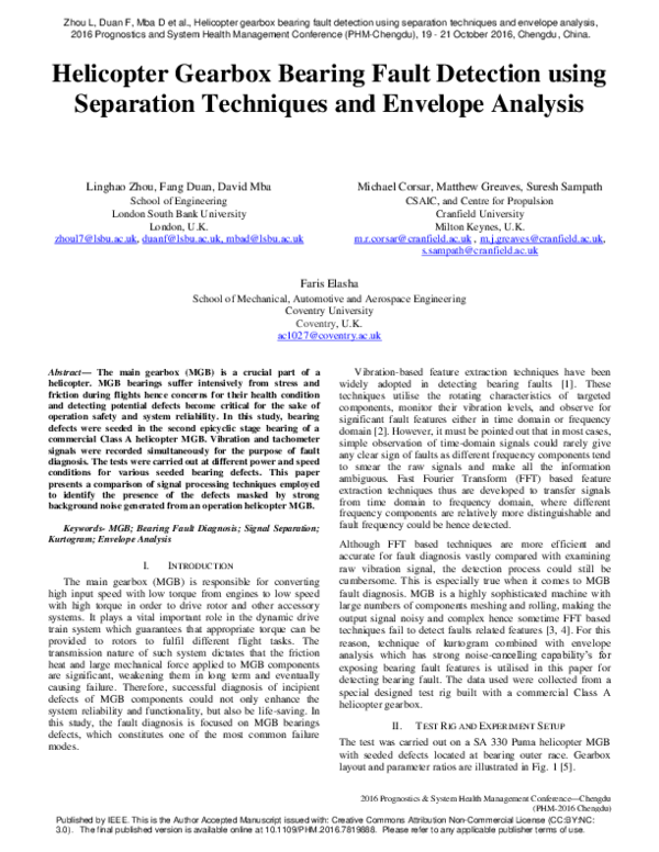 (PDF) Helicopter gearbox bearing fault detection using separation