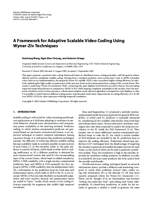 (PDF) A framework for adaptive scalable video coding using Wyner-Ziv ...