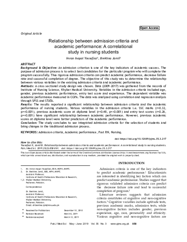 (PDF) Relationship between admission criteria and academic performance