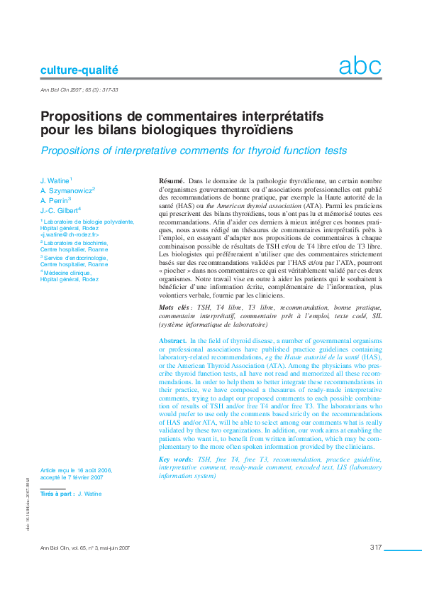 (PDF) [Propositions of interpretative comments for thyroid function tests]
