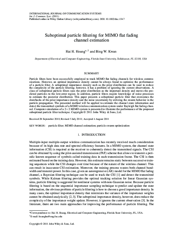 (PDF) Suboptimal particle filtering for MIMO flat fading channel estimation