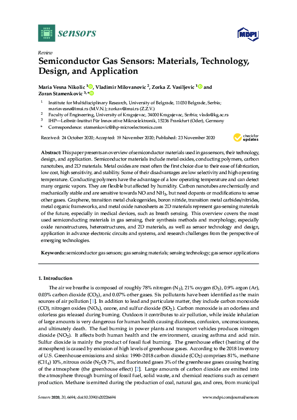 (PDF) Semiconductor Gas Sensors: Materials, Technology, Design, and ...