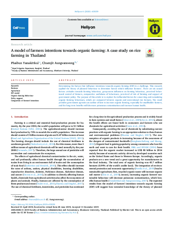 (PDF) A model of farmers intentions towards organic farming: A case ...