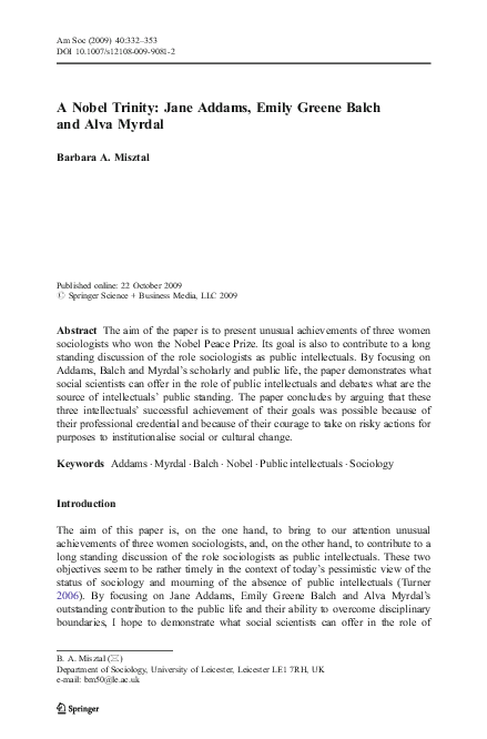 (PDF) A Nobel Trinity: Jane Addams, Emily Greene Balch and Alva Myrdal