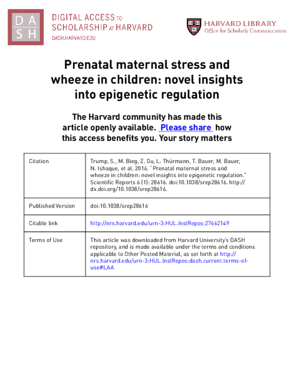(PDF) Prenatal maternal stress and wheeze in children: novel insights ...
