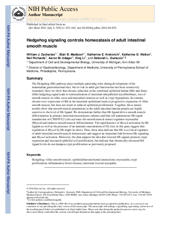 (PDF) Hedgehog signaling controls homeostasis of adult intestinal ...