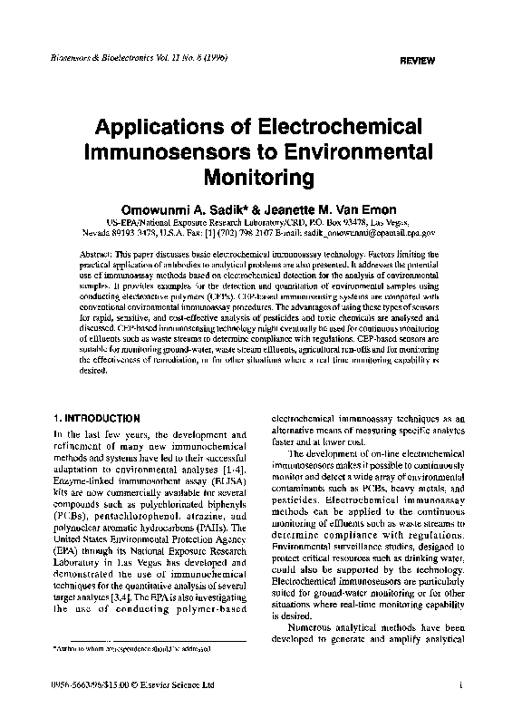 (PDF) Applications of electrochemical immunosensors to environmental