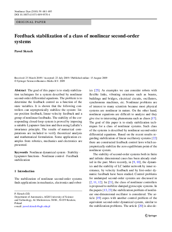 (PDF) Feedback stabilization of a class of nonlinear second-order systems