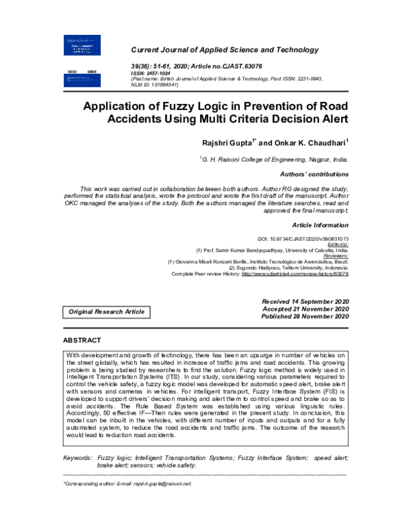 (PDF) Application of Fuzzy Logic in Prevention of Road Accidents Using ...
