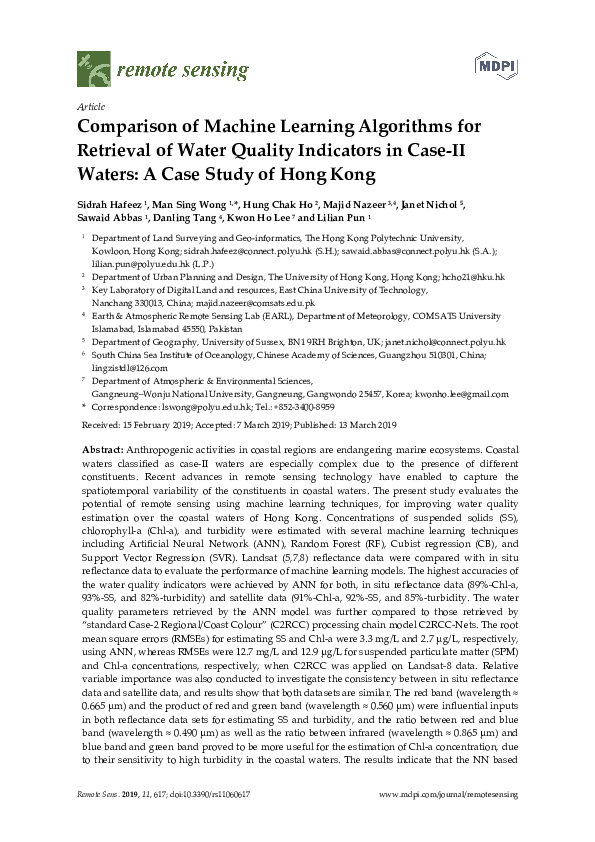 (PDF) Comparison of Machine Learning Algorithms for Retrieval of Water ...