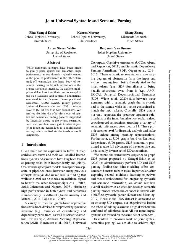 (PDF) Joint Universal Syntactic and Semantic Parsing