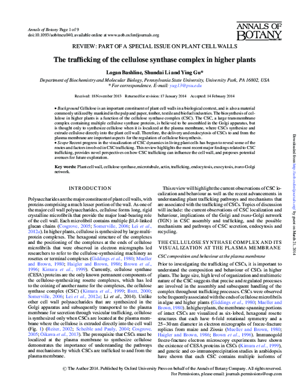 (PDF) The trafficking of the cellulose synthase complex in higher plants