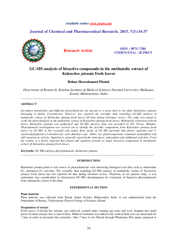 (PDF) GC-MS ANALYSIS OF BIOACTIVE COMPOUNDS IN THE METHANOLIC LEAF ...