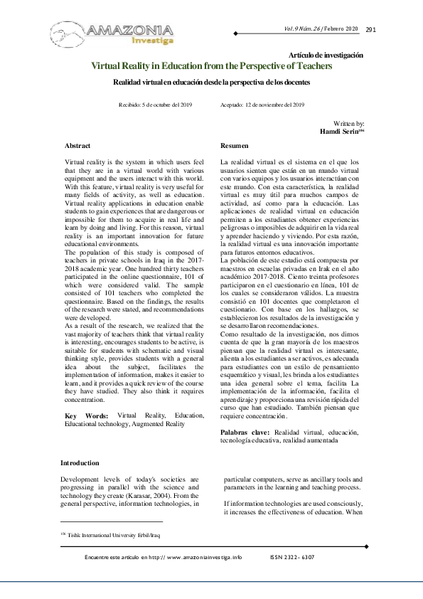 (PDF) Virtual Reality in Education from the Perspective of Teachers