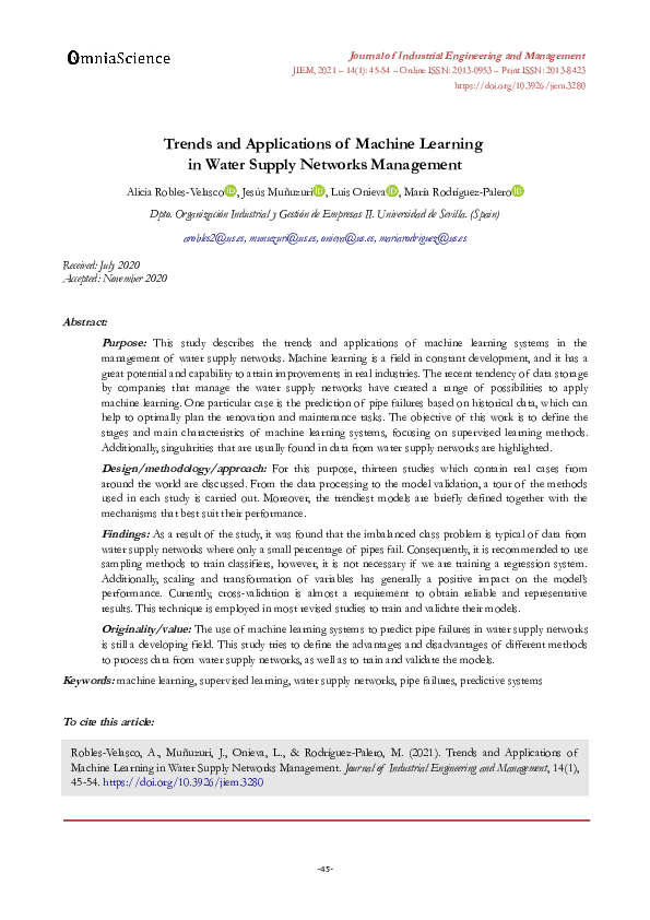 (PDF) Trends and applications of machine learning in water supply ...