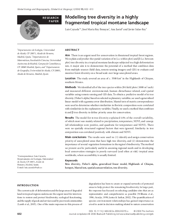 (PDF) Modelling tree diversity in a highly fragmented tropical montane ...