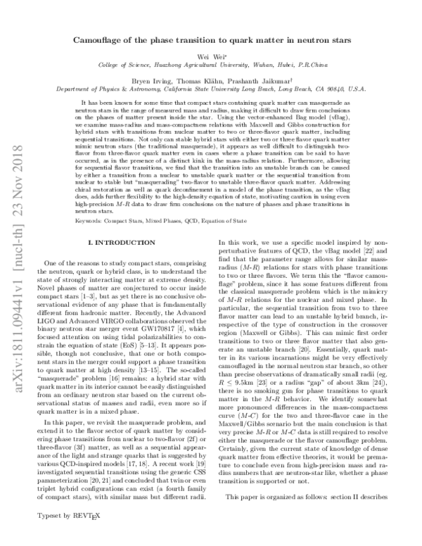 (PDF) Camouflage of the Phase Transition to Quark Matter in Neutron Stars