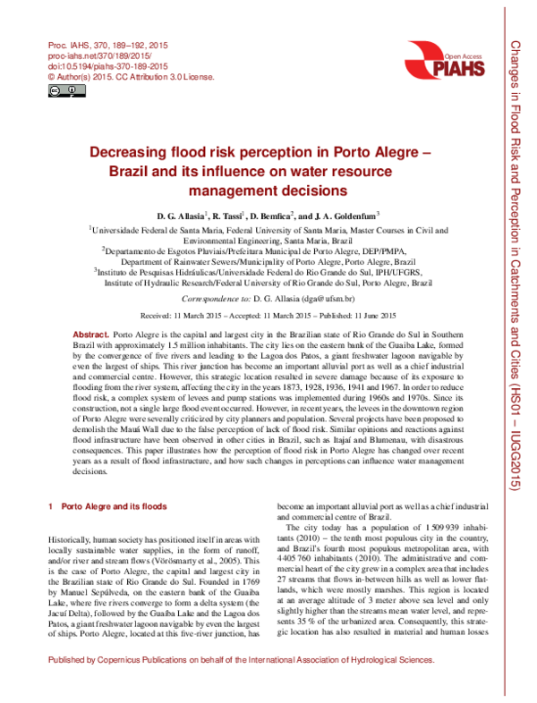 (PDF) Decreasing flood risk perception in Porto Alegre – Brazil and its ...