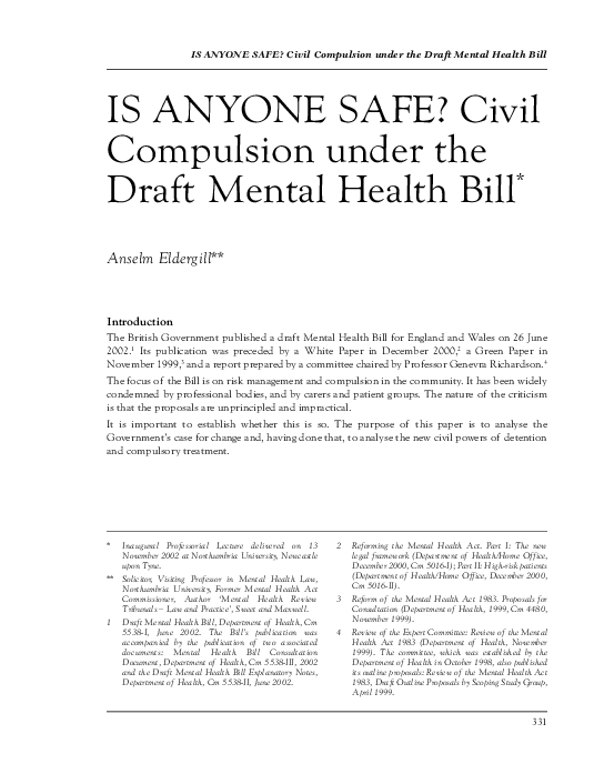 (PDF) IS ANYONE SAFE? Civil Compulsion under the Draft Mental Health Bill