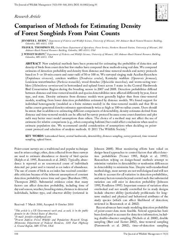 (PDF) Comparison of methods for estimating density of forest songbirds ...