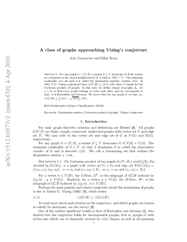 (PDF) A Class of Graphs Approaching Vizing's Conjecture