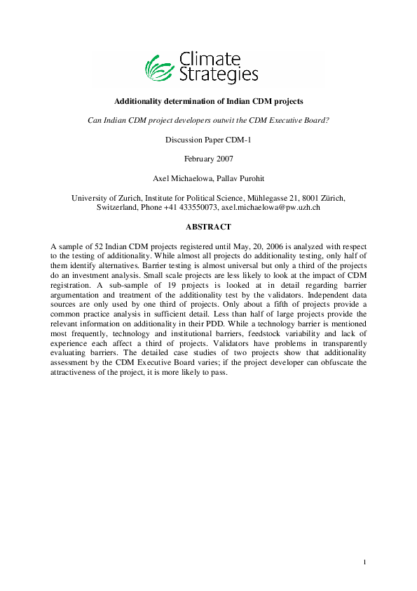 (PDF) Additionality determination of Indian CDM projects