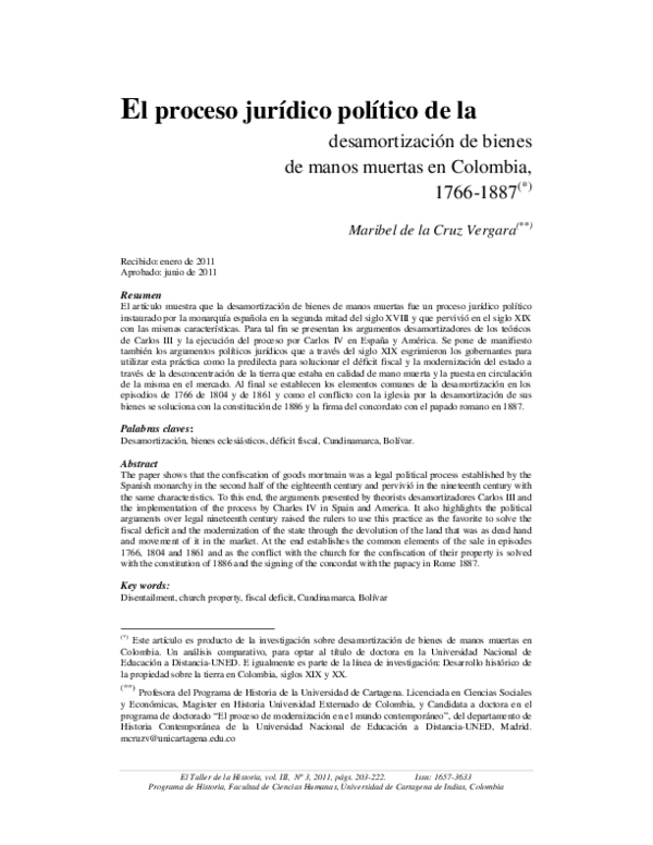 (PDF) El Proceso Jurídico Político De La Desamortización De Bienes De Manos Muertas en Colombia