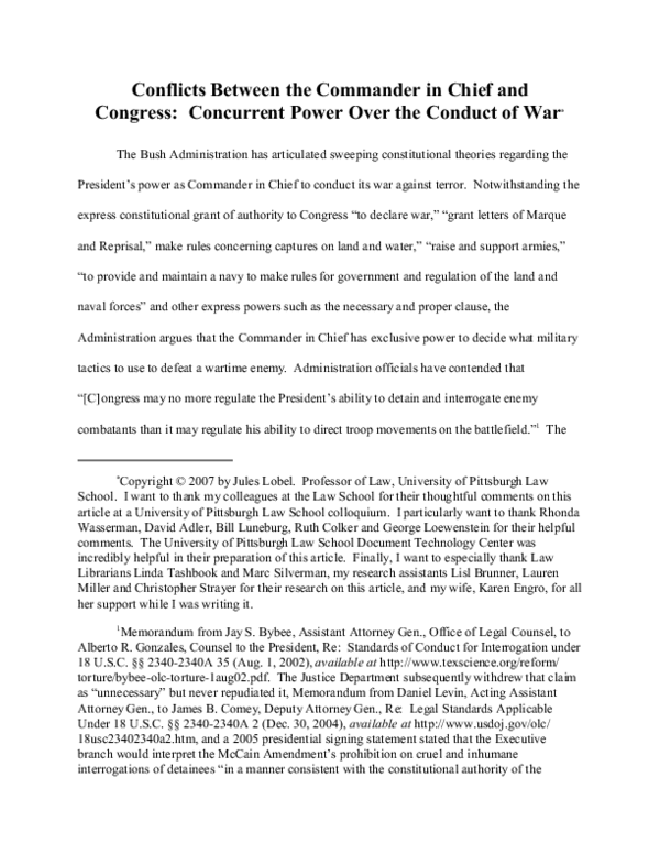 (PDF) Conflicts Between the Commander in Chief and Congress: Concurrent ...