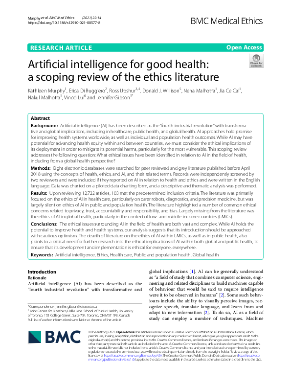 (PDF) Artificial Intelligence for Good Health: A Scoping Review of the ...