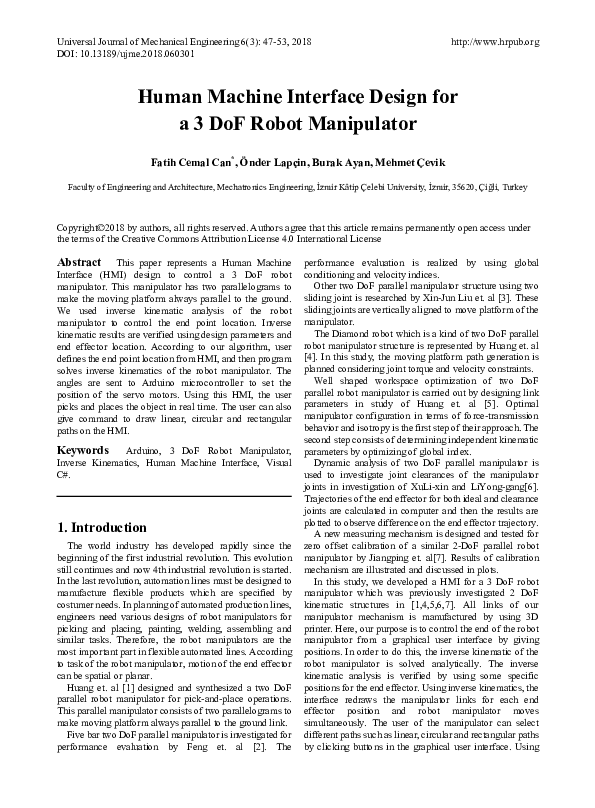 (PDF) Human Machine Interface Design for a 3 DoF Robot Manipulator
