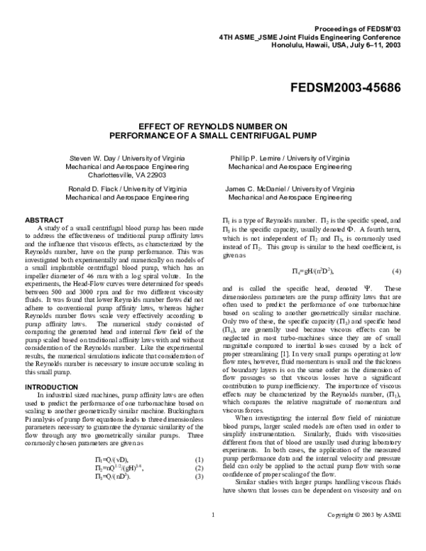 (PDF) Effect of Reynolds Number on Performance of a Small Centrifugal Pump