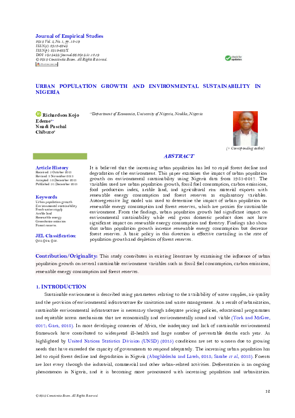(PDF) Urban Population Growth and Environmental Sustainability in Nigeria