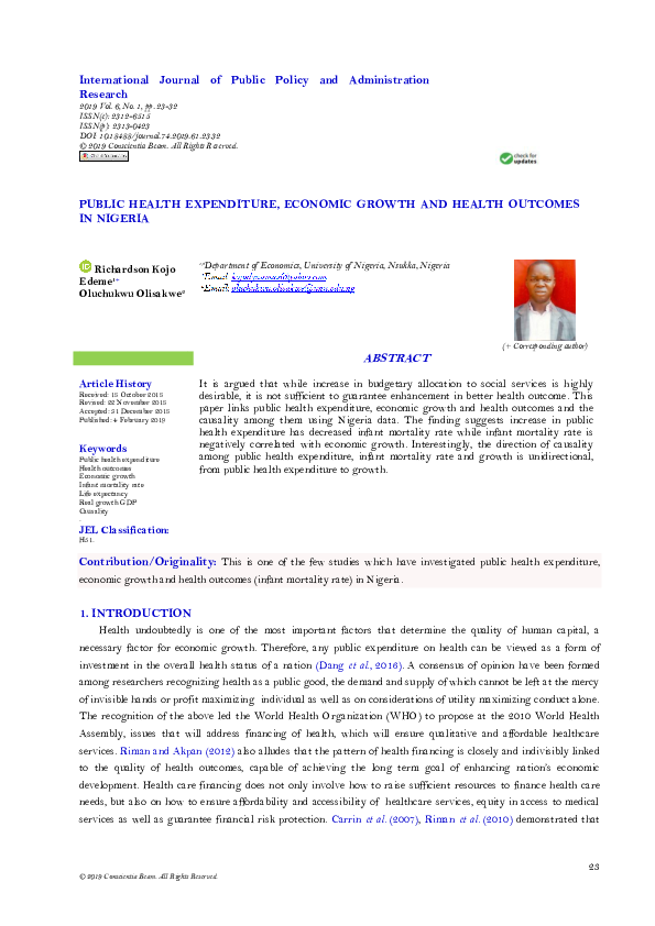 (PDF) Public Health Expenditure, Economic Growth and Health Outcomes in ...