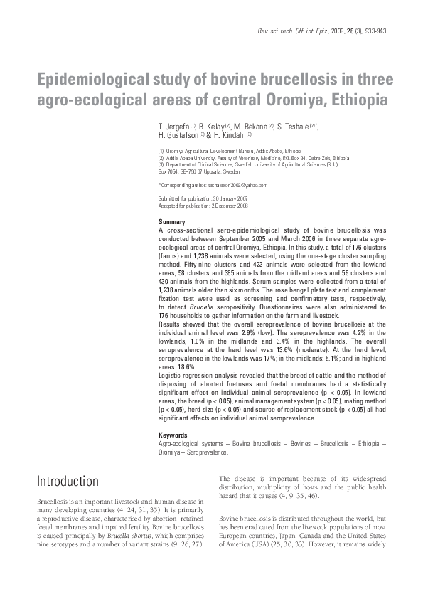 (PDF) Epidemiological study of bovine brucellosis in three agro ...