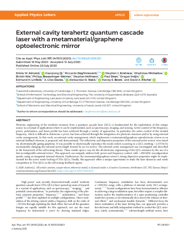 (PDF) External cavity terahertz quantum cascade laser with a ...