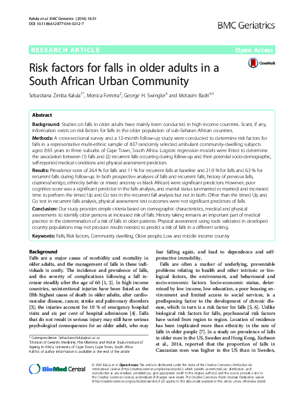 (PDF) Risk factors for falls in older adults in a South African Urban ...