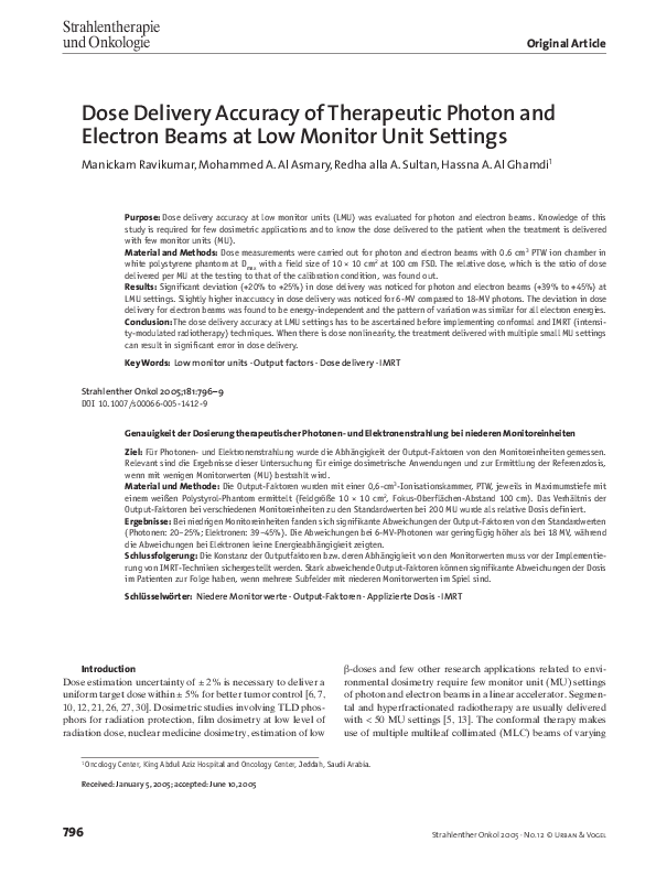 (PDF) Dose Delivery Accuracy of Therapeutic Photon and Electron Beams ...