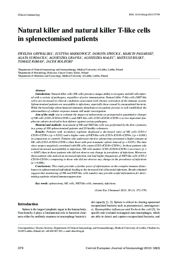 (PDF) Natural killer and natural killer T-like cells in splenectomised ...