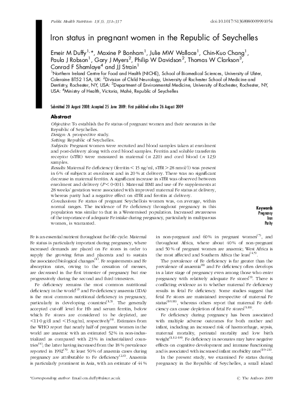 (PDF) Iron status in pregnant women in the Republic of Seychelles