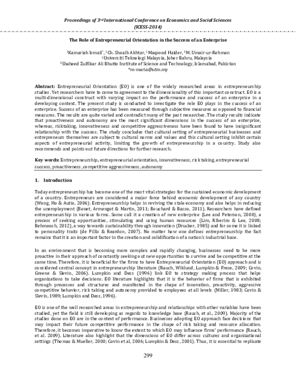 (PDF) The Role of Entrepreneurial Orientation in the Success of an ...