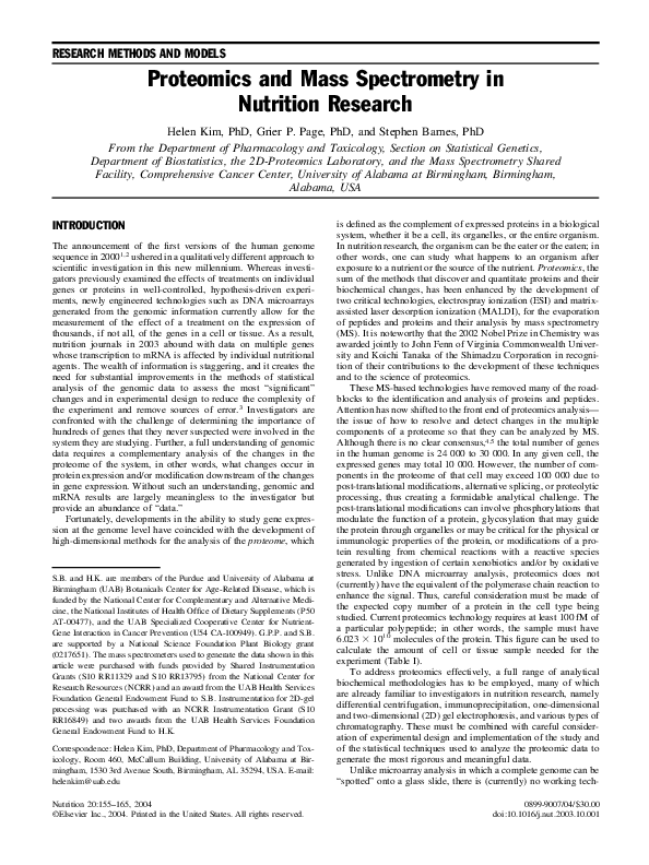 (PDF) Proteomics and mass spectrometry in nutrition research