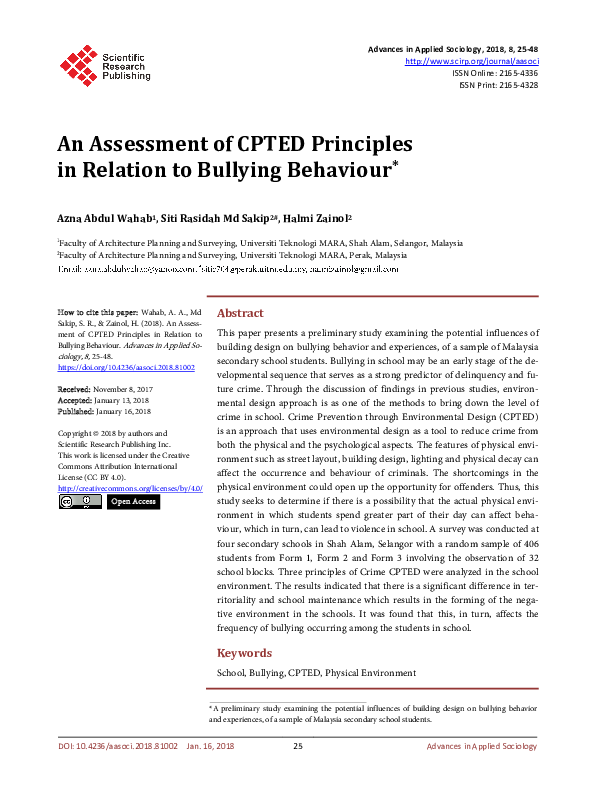 (PDF) An Assessment of CPTED Principles in Relation to Bullying Behaviour