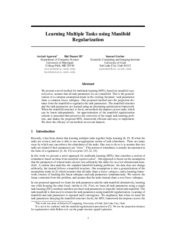 (PDF) Learning multiple tasks using manifold regularization
