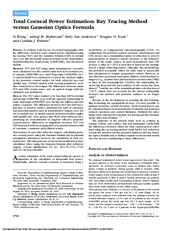 (PDF) Total Corneal Power Estimation: Ray Tracing Method versus ...