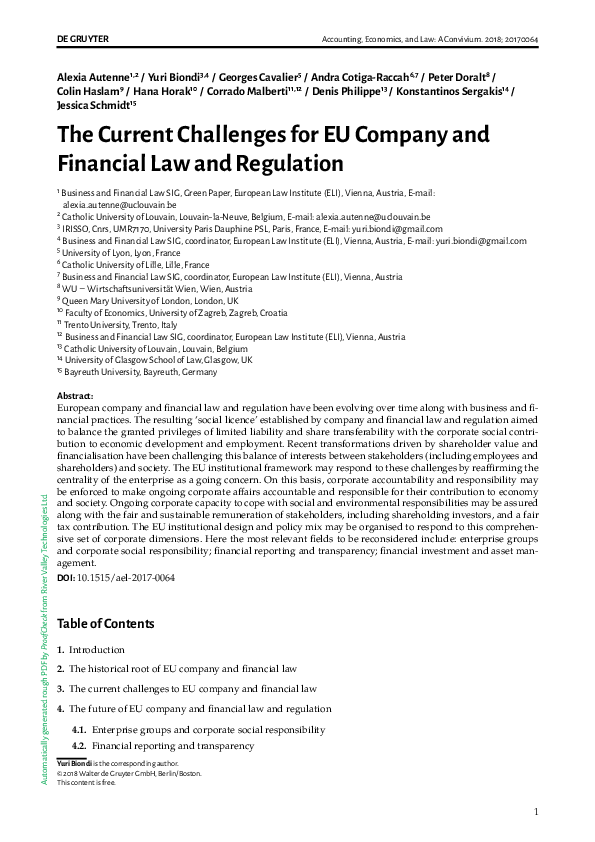 (PDF) The Current Challenges for EU Company and Financial Law and ...