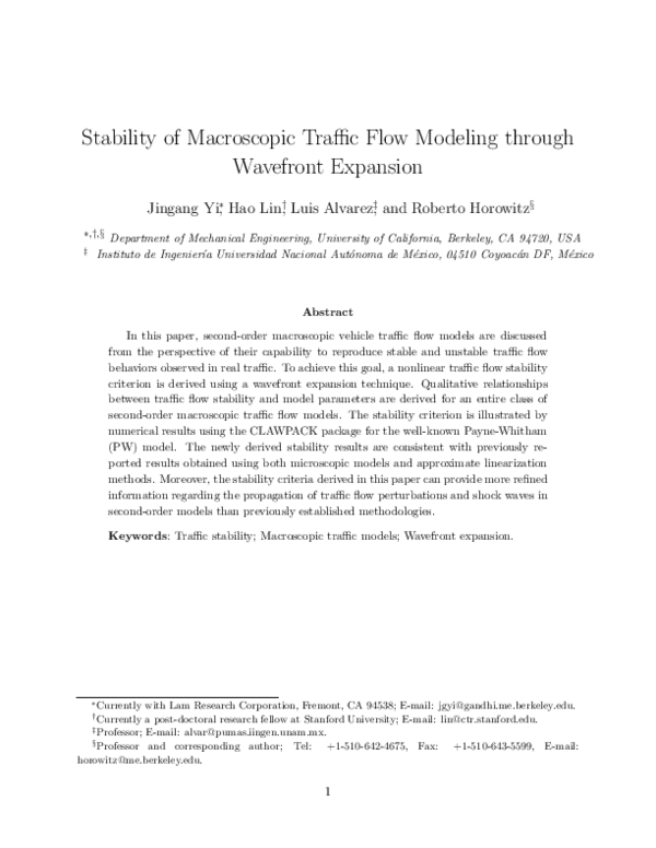 (PDF) Stability of macroscopic traffic flow modeling through wavefront ...